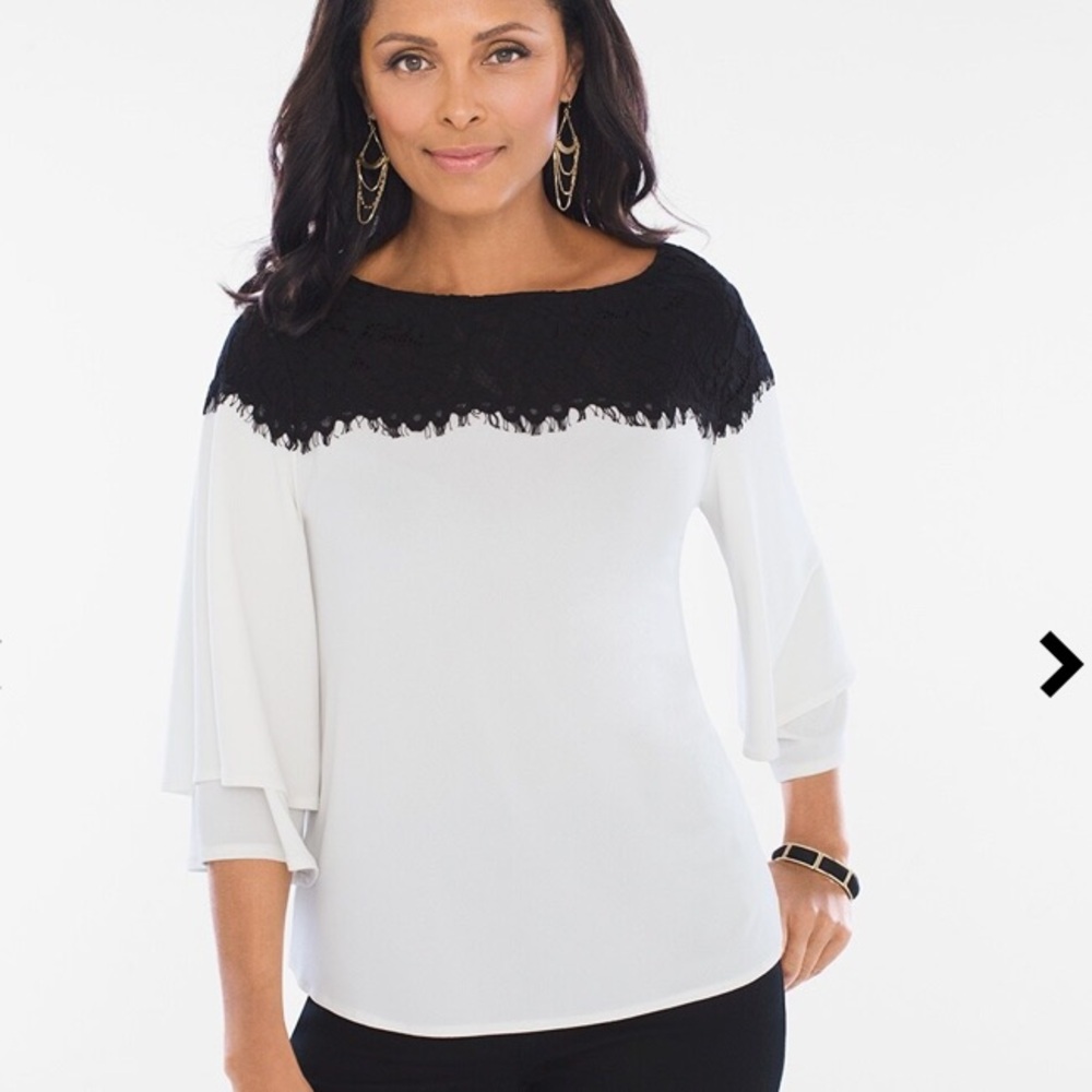 Chico's Cream and Black Lace Yolk Stretch Top